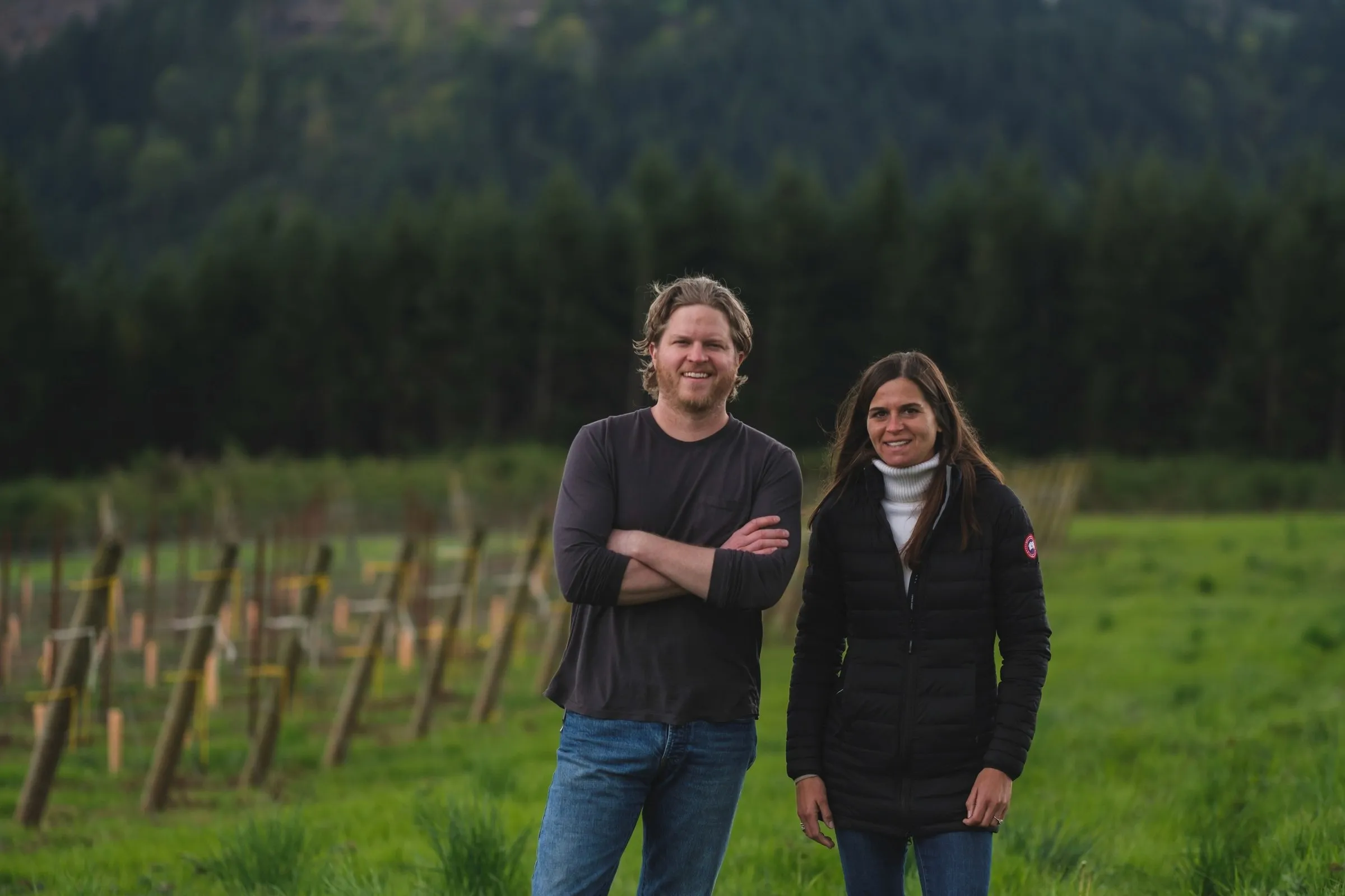 Teal Walker and Andrew Riechers, founders of Audeant, in the vineyard