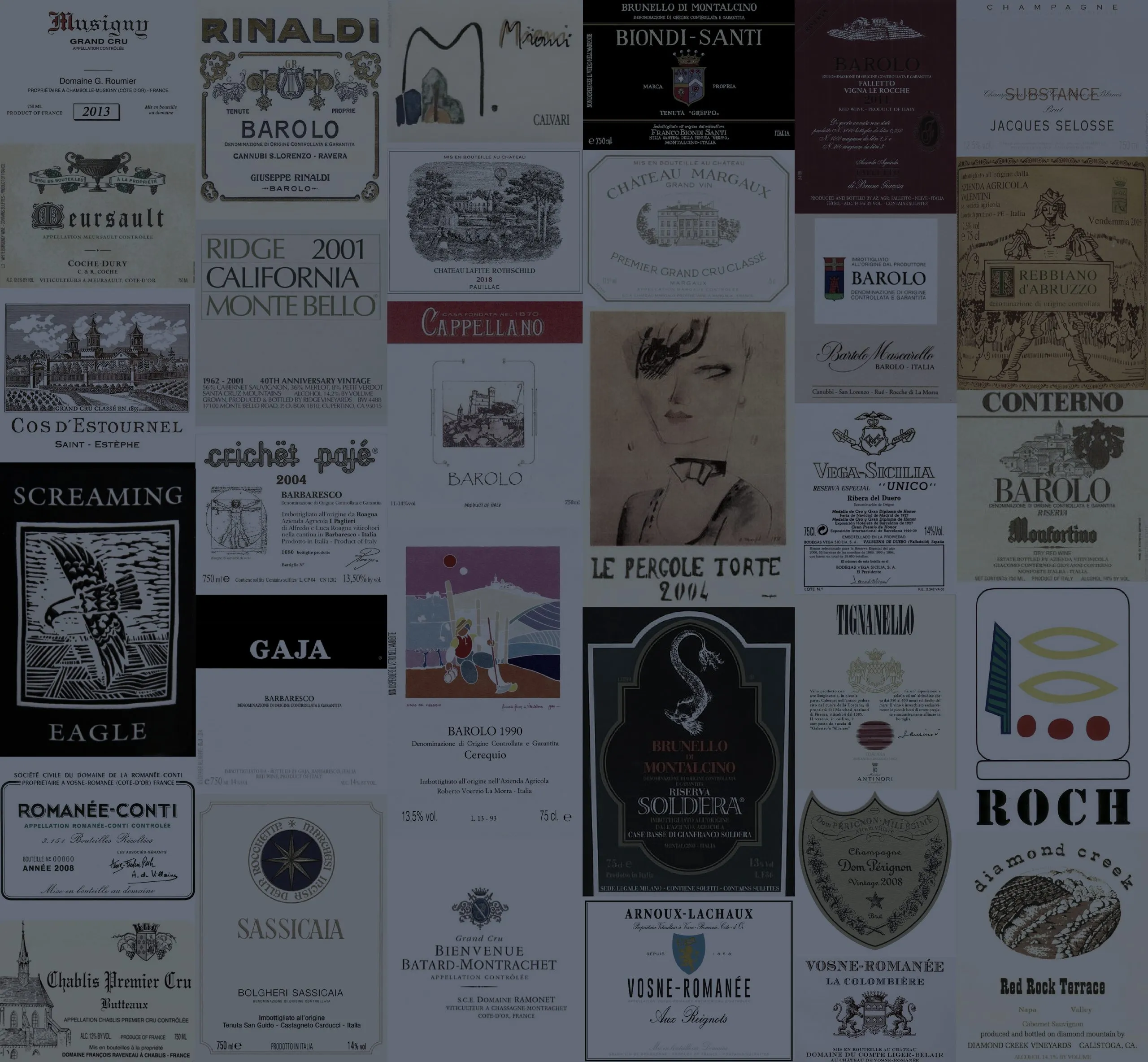 A wall of labels from the Library: Romanée-Conti, Sassicaia, Monfortino, Le Pergole Torte, Dom Pérignon and more